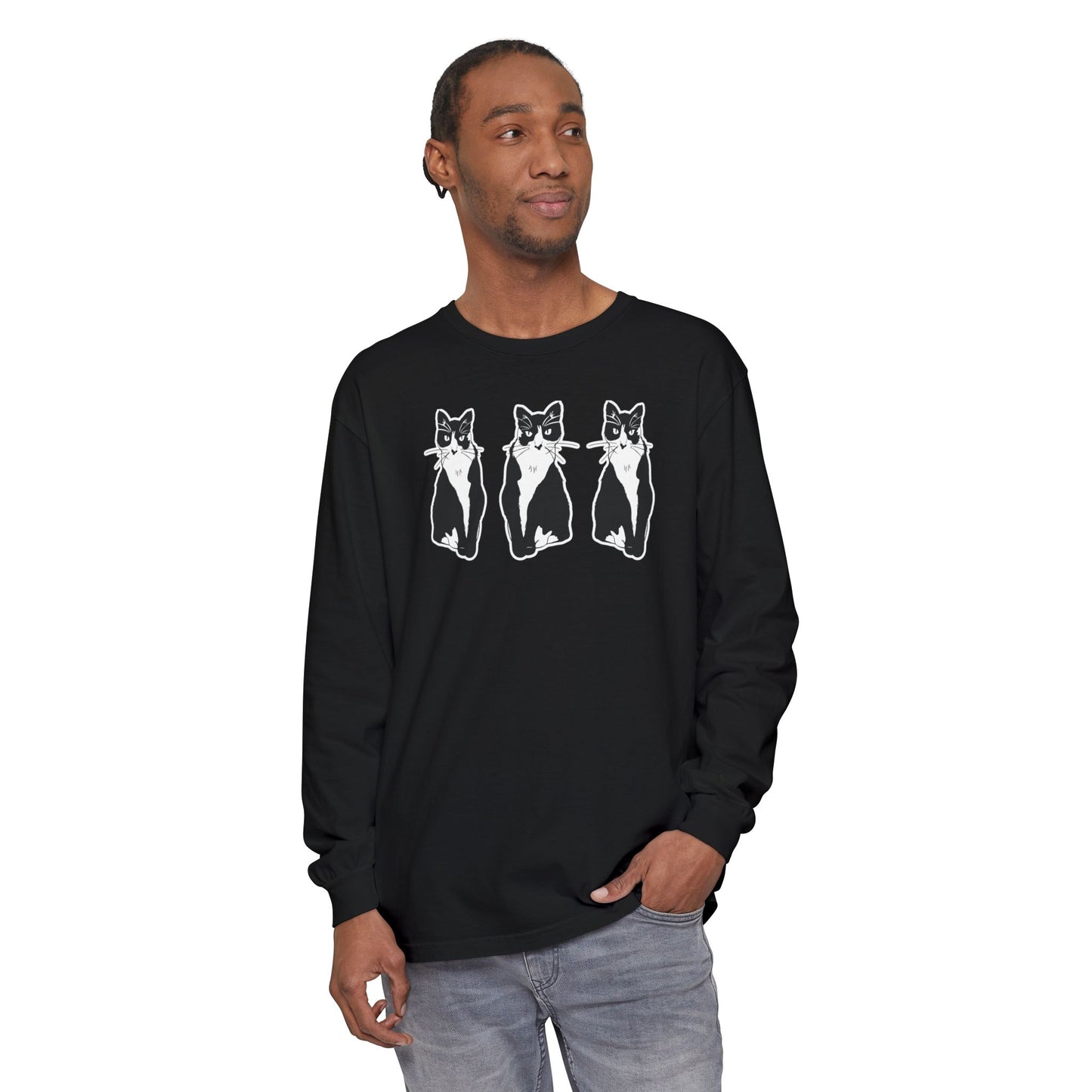 Cat x3 Long Sleeve Tee (Sticker Style Cat) - Cat Drawing Shirt