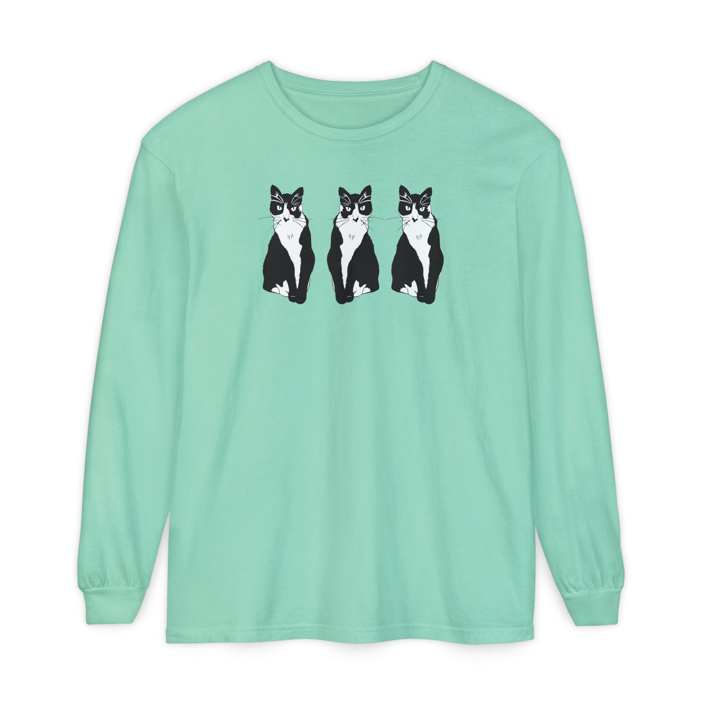 Cat x3 Long Sleeve Tee (B&W Style Cat) - Cat Drawing Shirt