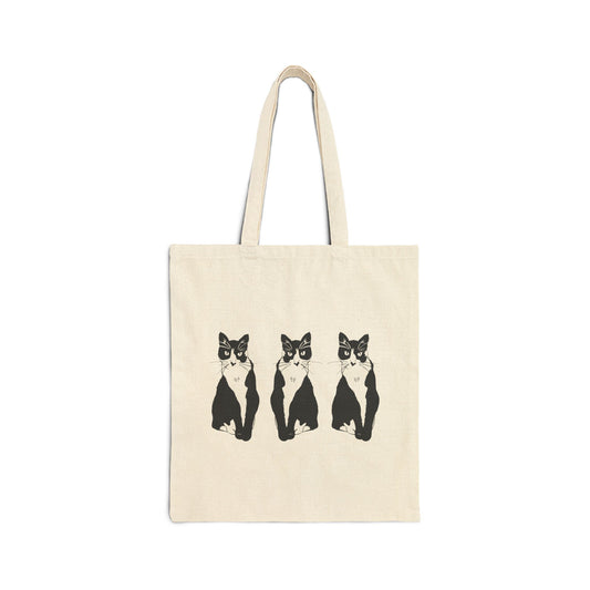 Cat x3 Tote Bag (B&W Style Cat) - Cat Drawing Bag