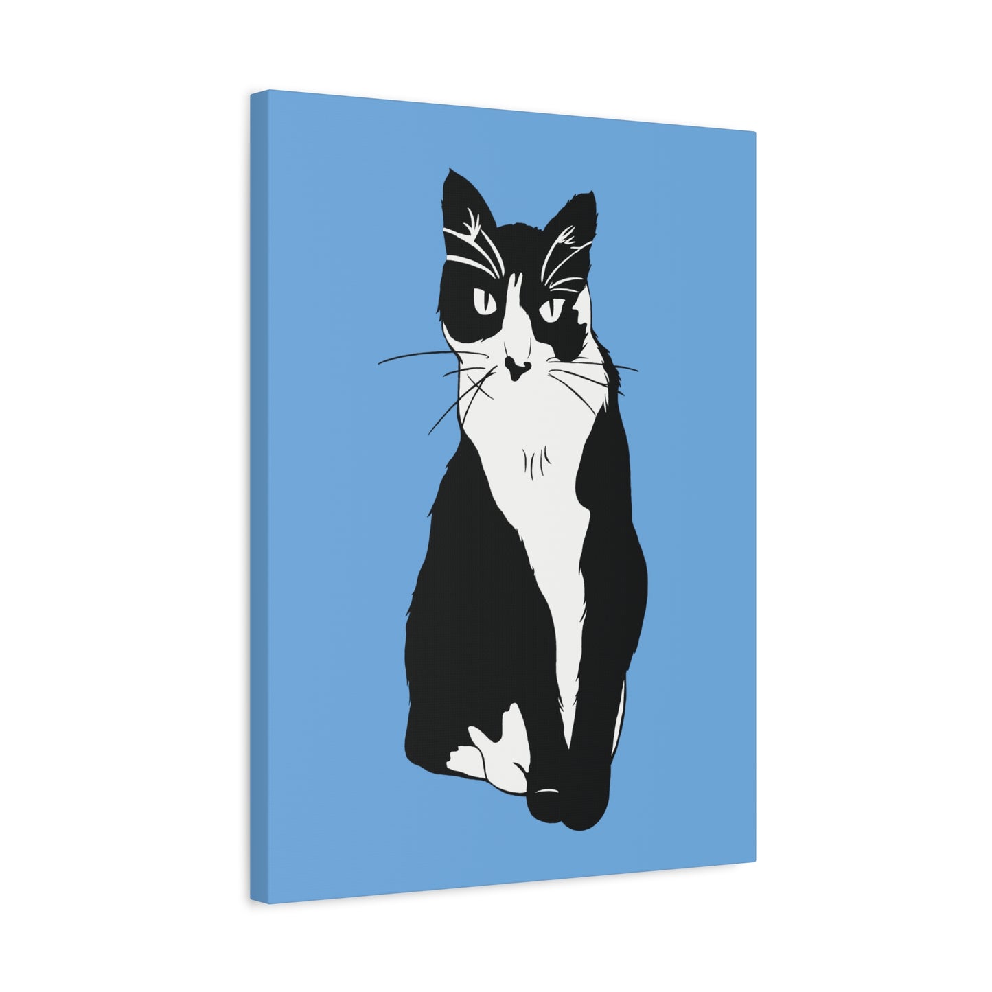Cat Canvas on Light Blue (B&W Style Cat) - Cat Drawing Art