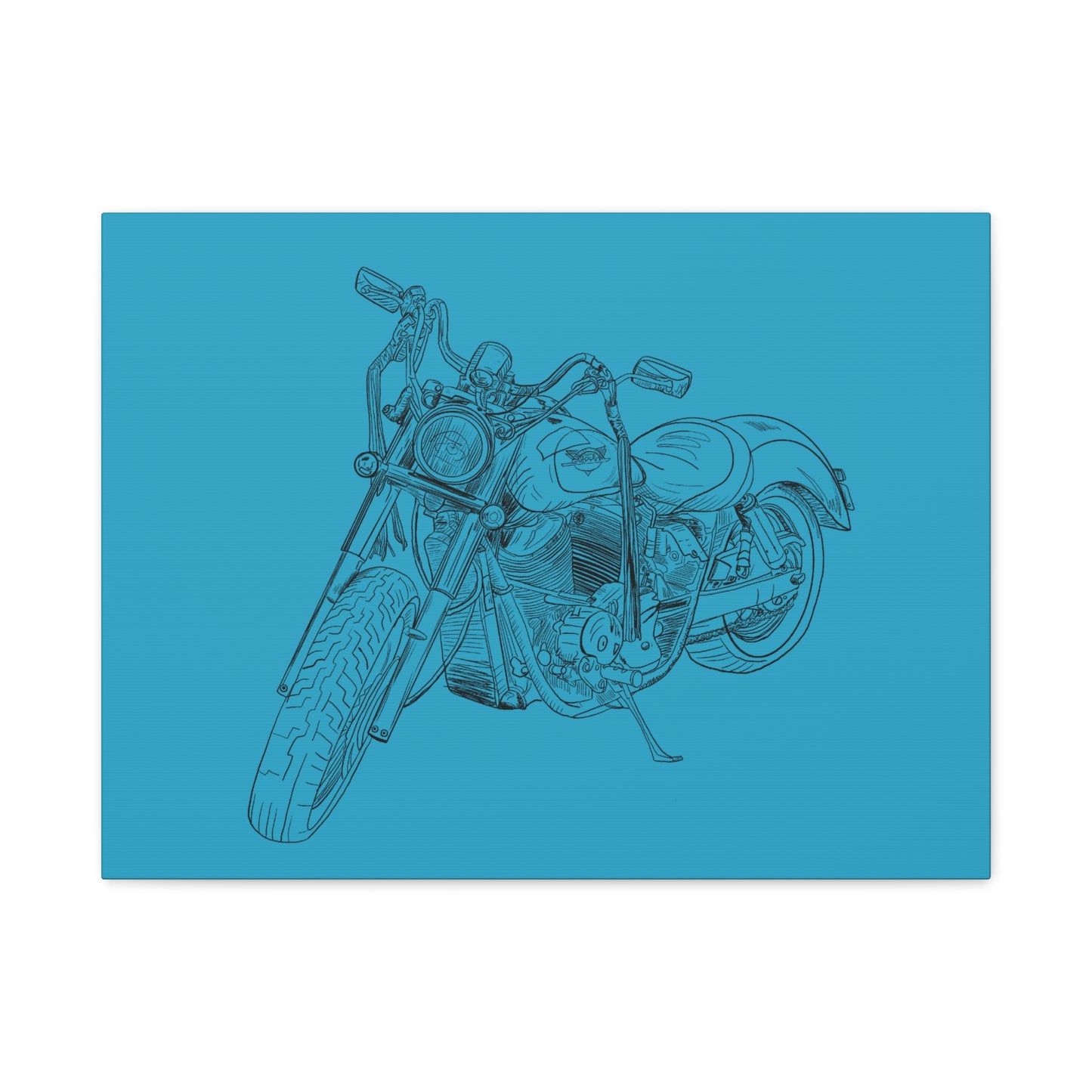 Ride Me Harley Motorcycle Sketch Canvas Print - Black Ink on Turquoise Background