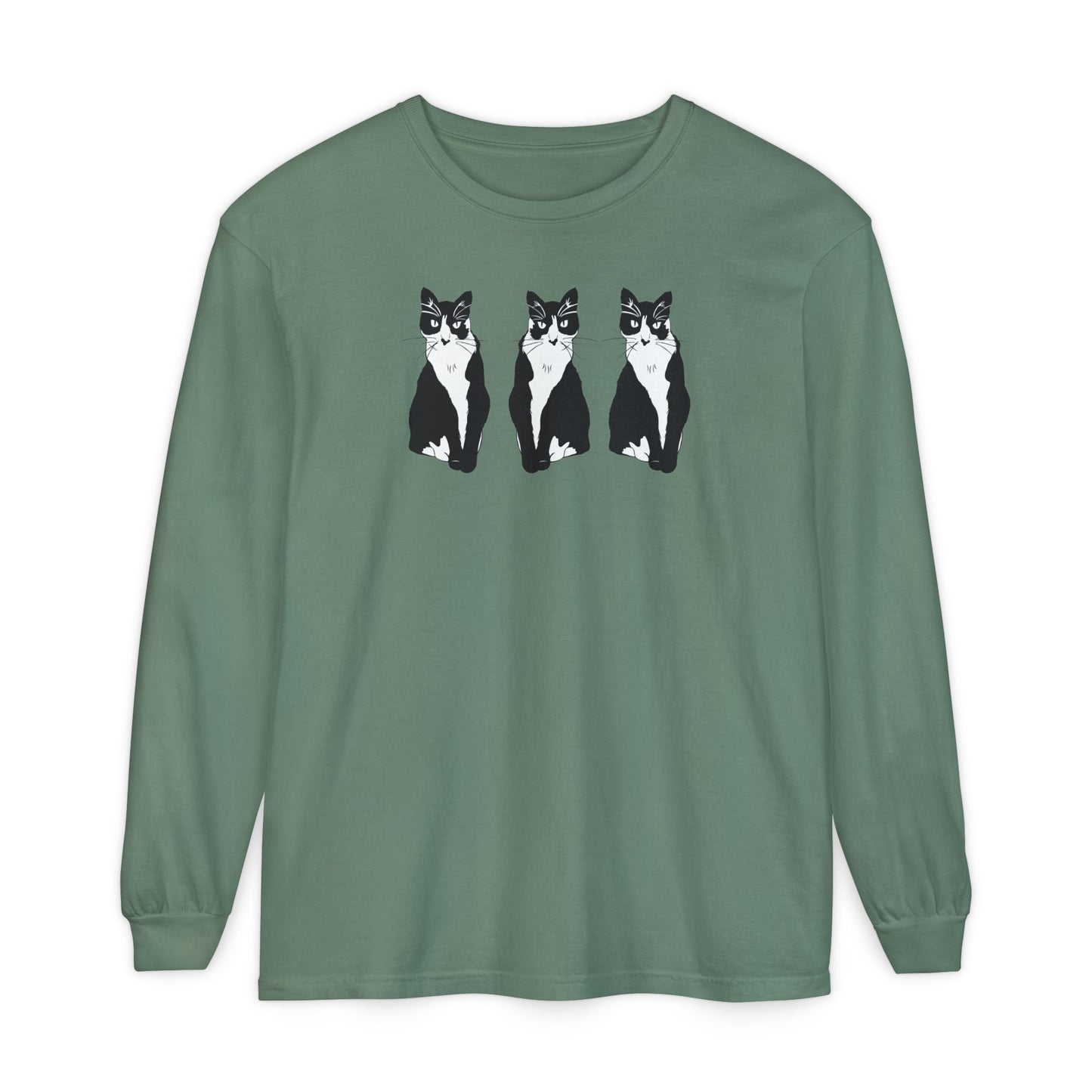 Cat x3 Long Sleeve Tee (B&W Style Cat) - Cat Drawing Shirt