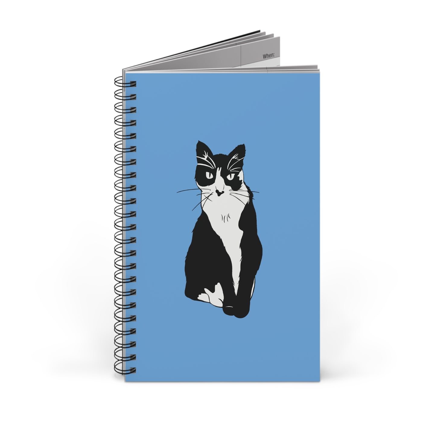 Cat Notebook in Light Blue (B&W Style Cat) - Cat Spiral Notebook