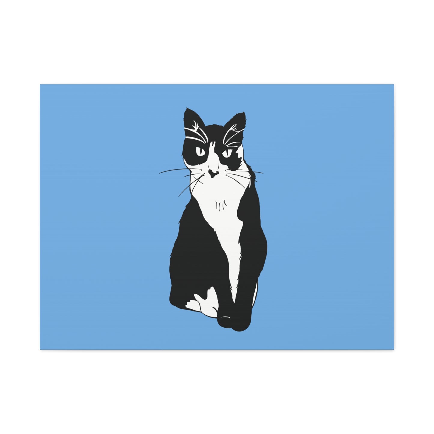 Cat Canvas on Light Blue (B&W Style Cat) - Cat Drawing Art