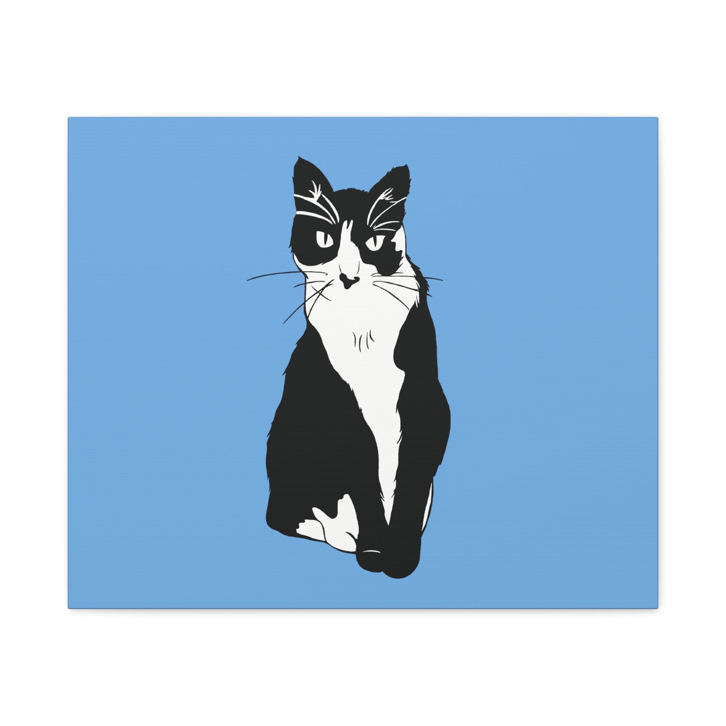 Cat Canvas on Light Blue (B&W Style Cat) - Cat Drawing Art