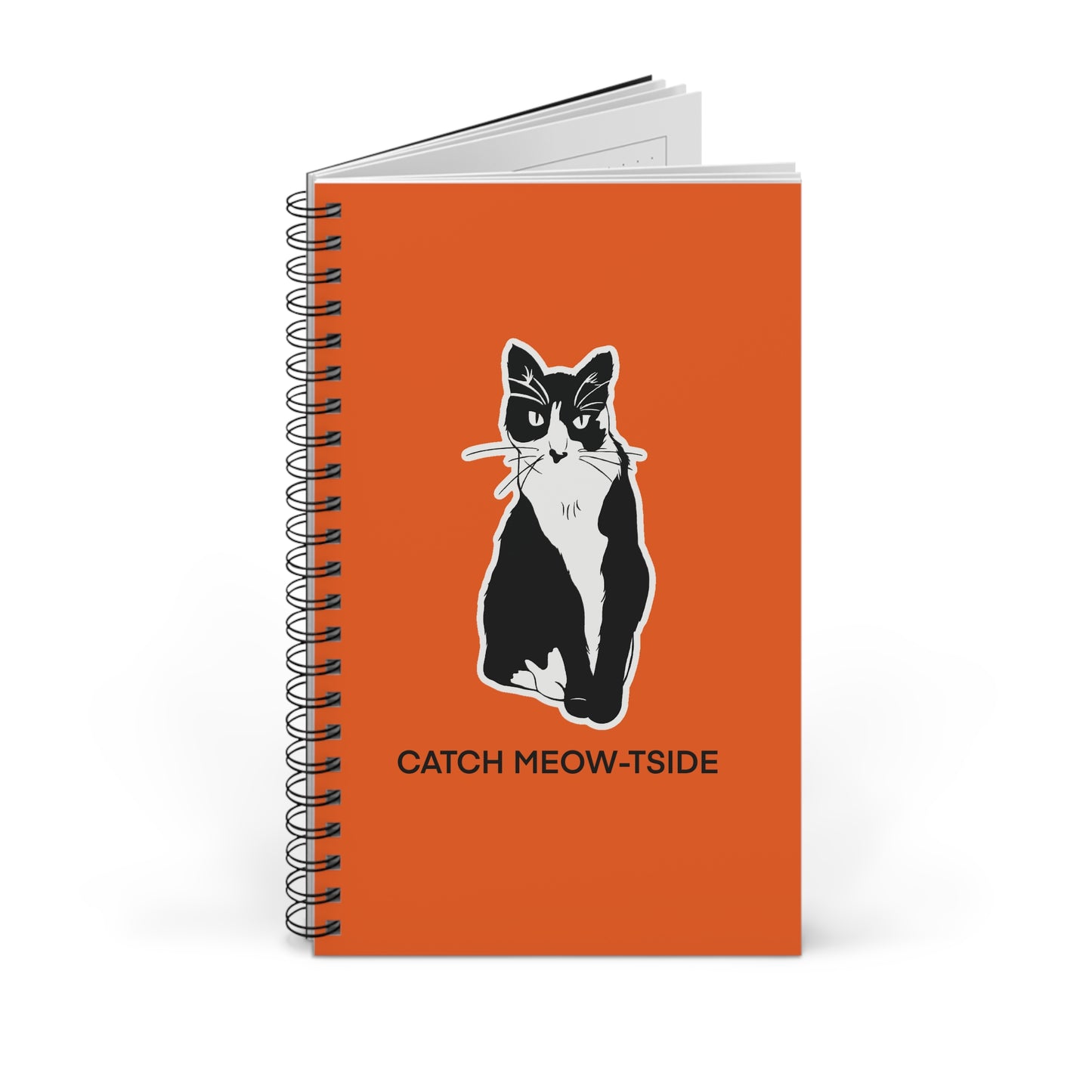 Catch Meow-tside Notebook in Orange (Sticker Style Cat with Black Writing) - Cat Spiral Notebook