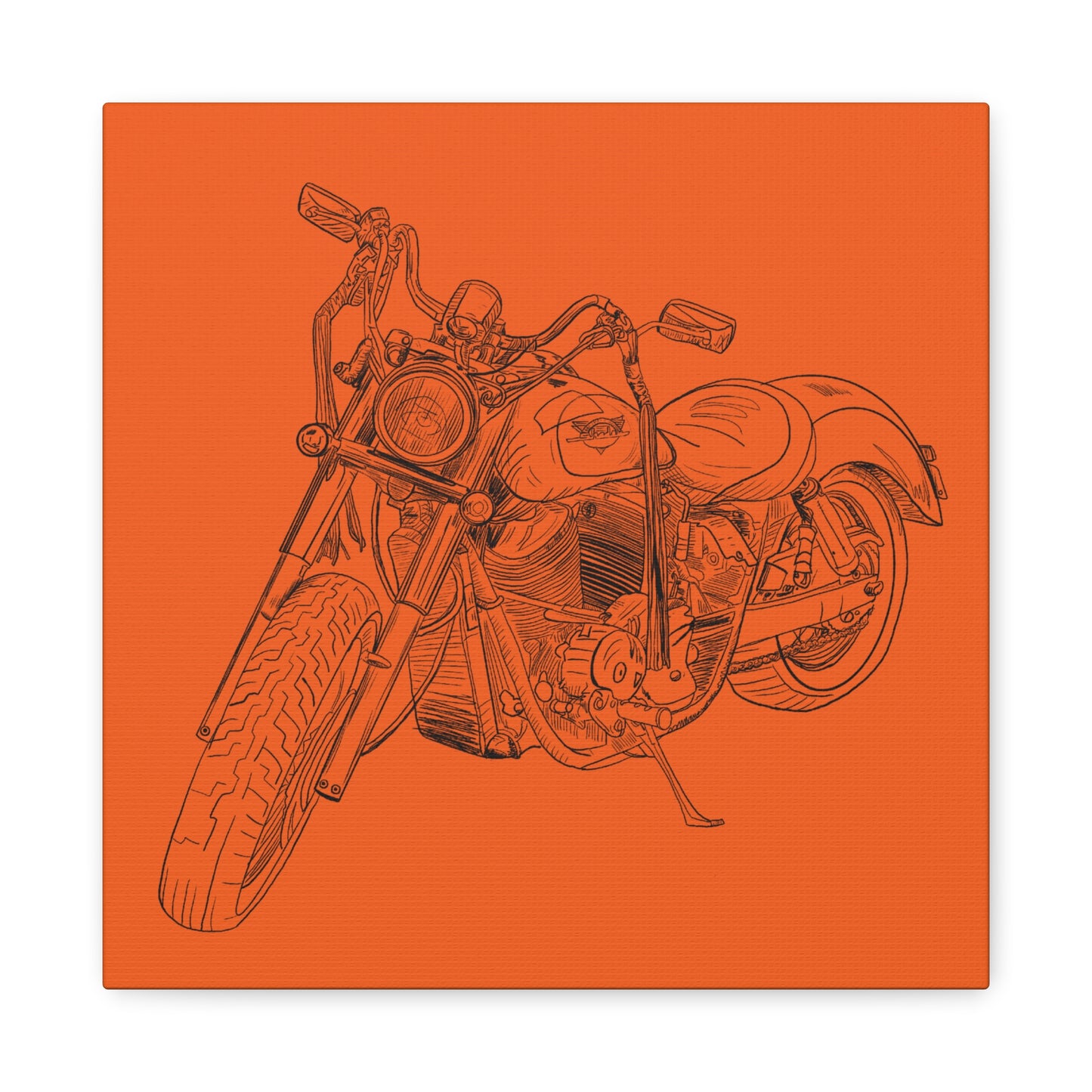 Ride Me Harley Motorcycle Sketch Canvas Print - Black Ink on Orange Background