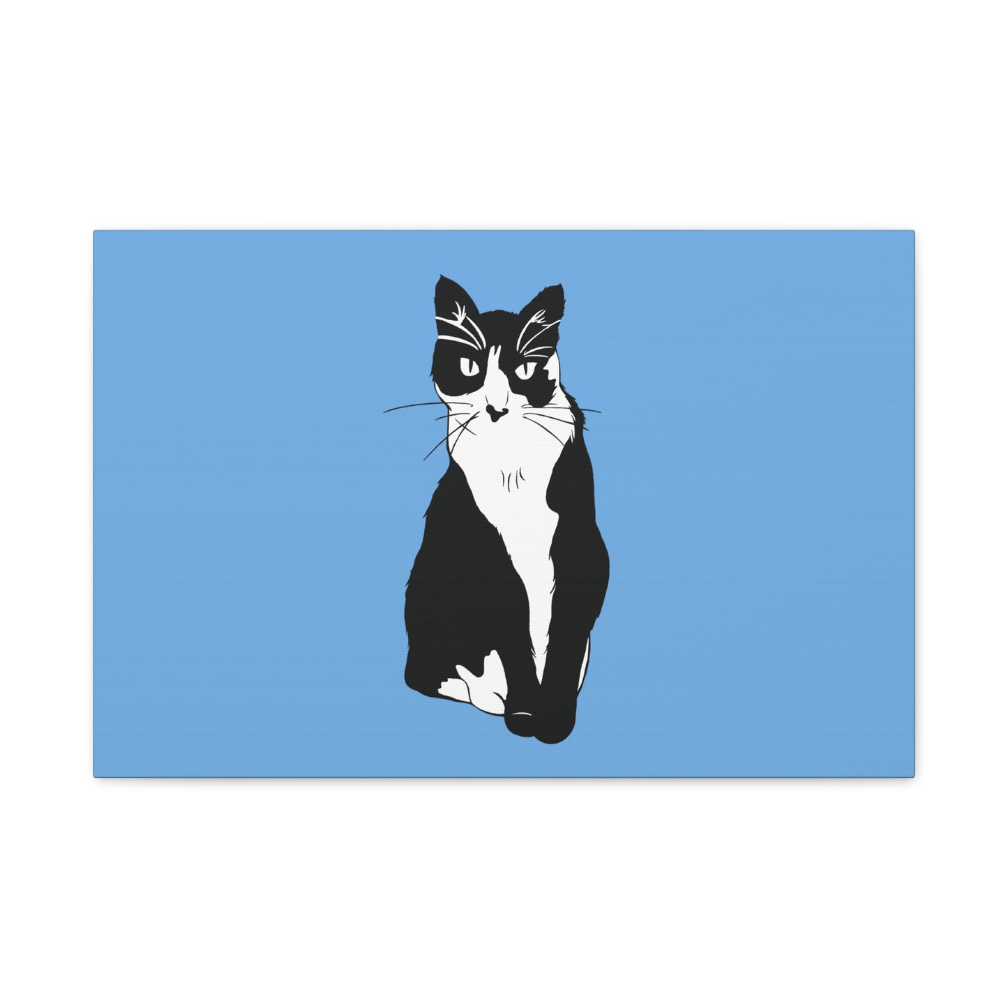 Cat Canvas on Light Blue (B&W Style Cat) - Cat Drawing Art