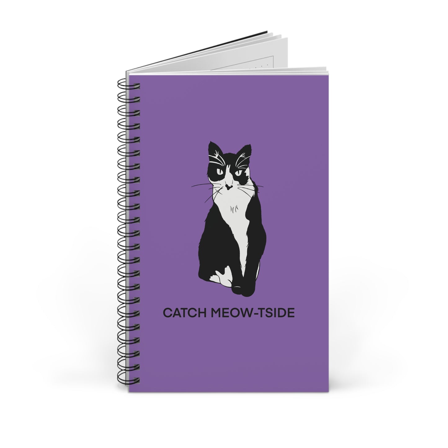 Catch Meow-tside Notebook in Light Purple (B&W Style Cat) - Cat Spiral Notebook