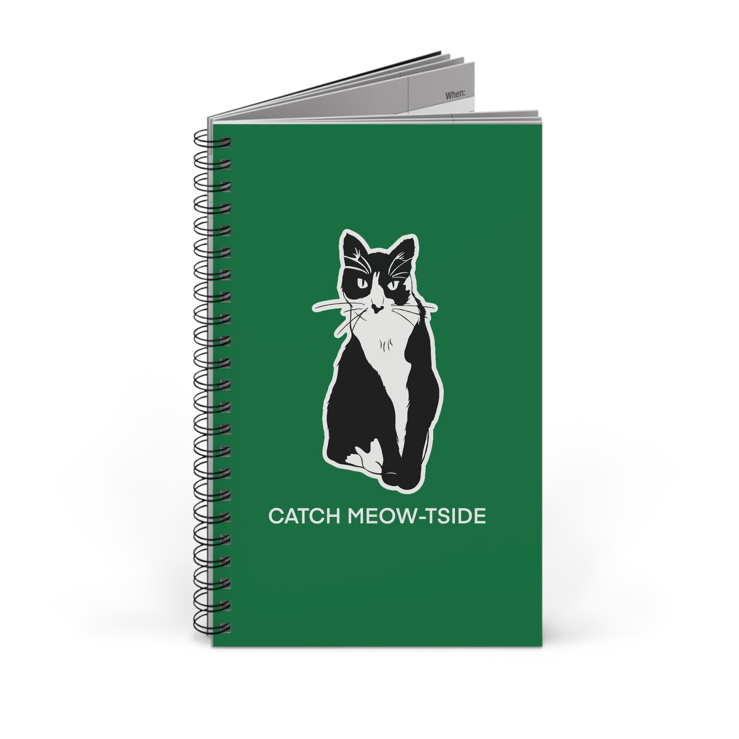 Catch Meow-tside Notebook in Dark Green (Sticker Style Cat with White Writing) - Cat Spiral Notebook