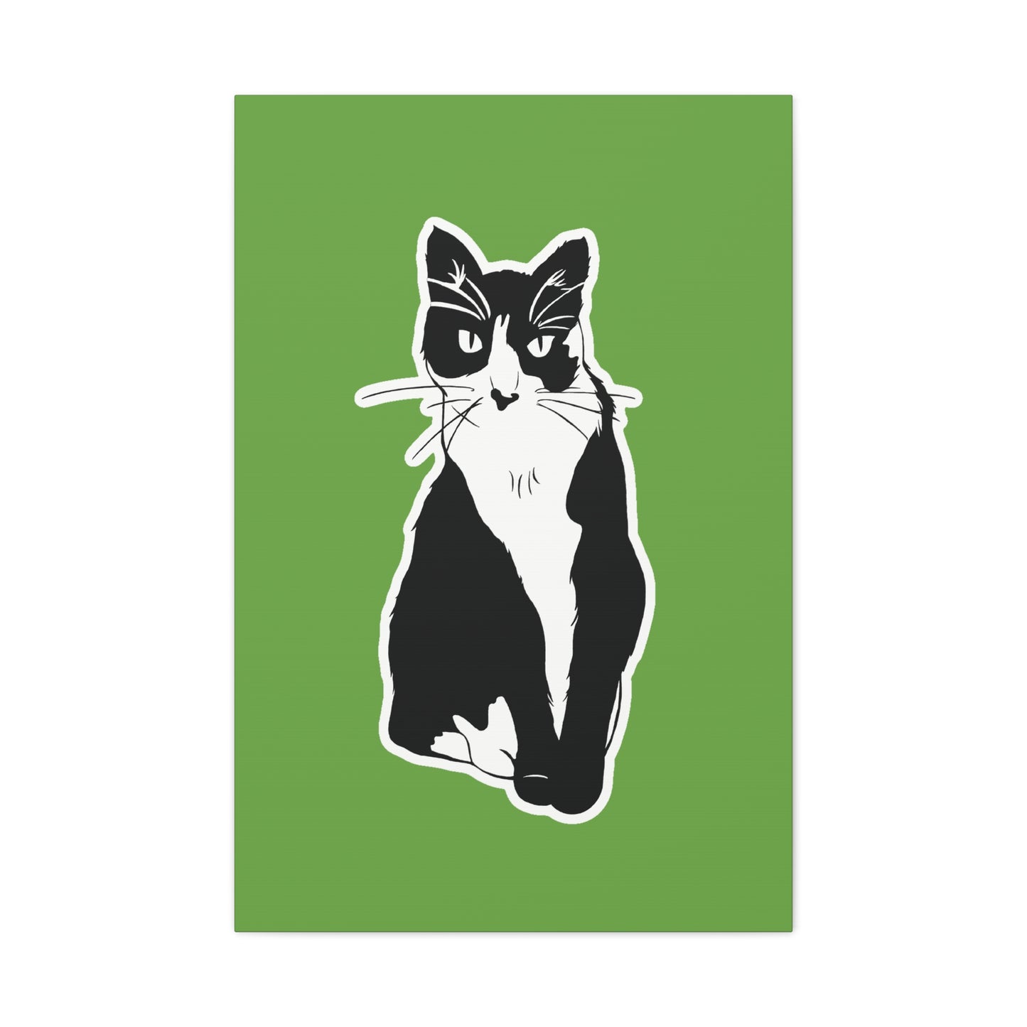 Cat Canvas Print on Green (B&W Style Cat) - Cat Drawing Art