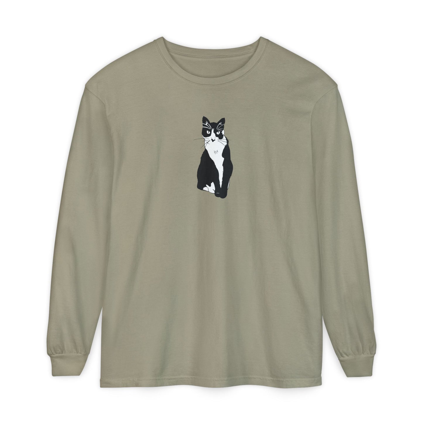 Cat Long Sleeve Tee (B&W Style Cat) - Cat Drawing Shirt
