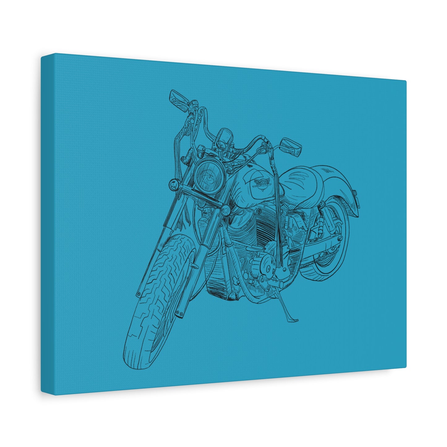 Ride Me Harley Motorcycle Sketch Canvas Print - Black Ink on Turquoise Background