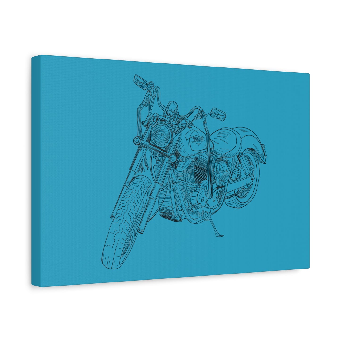Ride Me Harley Motorcycle Sketch Canvas Print - Black Ink on Turquoise Background