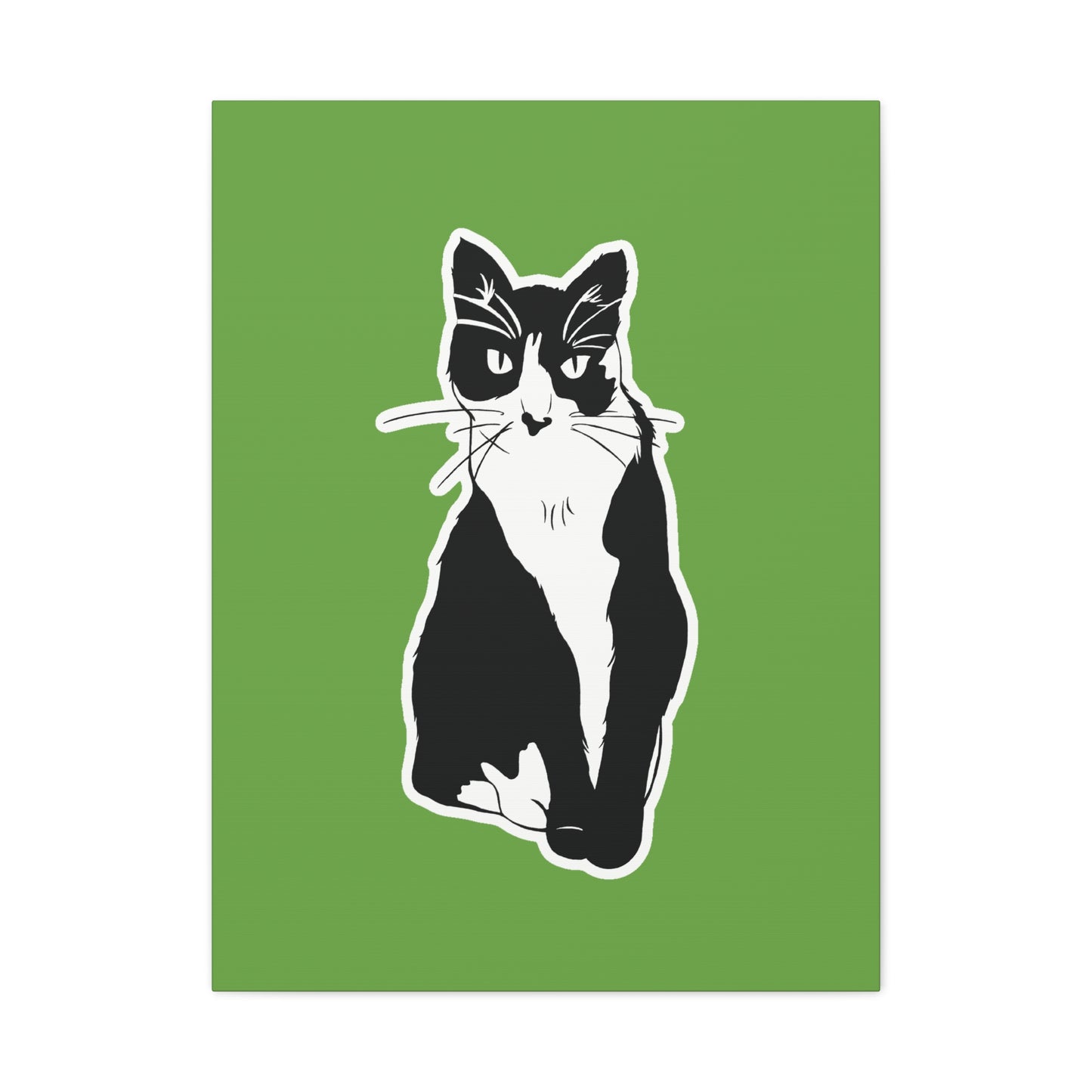 Cat Canvas Print on Green (B&W Style Cat) - Cat Drawing Art