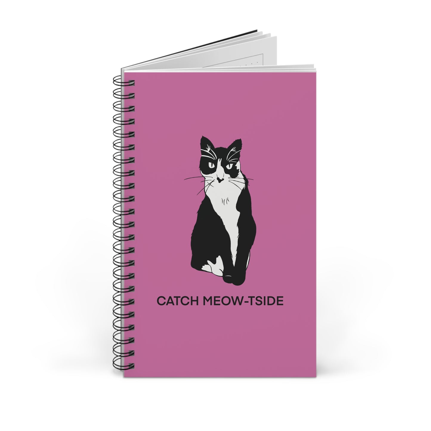Catch Meow-tside Notebook in Light Pink (B&W Style Cat) - Cat Spiral Notebook