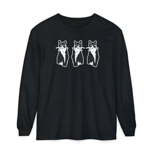 Cat x3 Long Sleeve Tee (Sticker Style Cat) - Cat Drawing Shirt