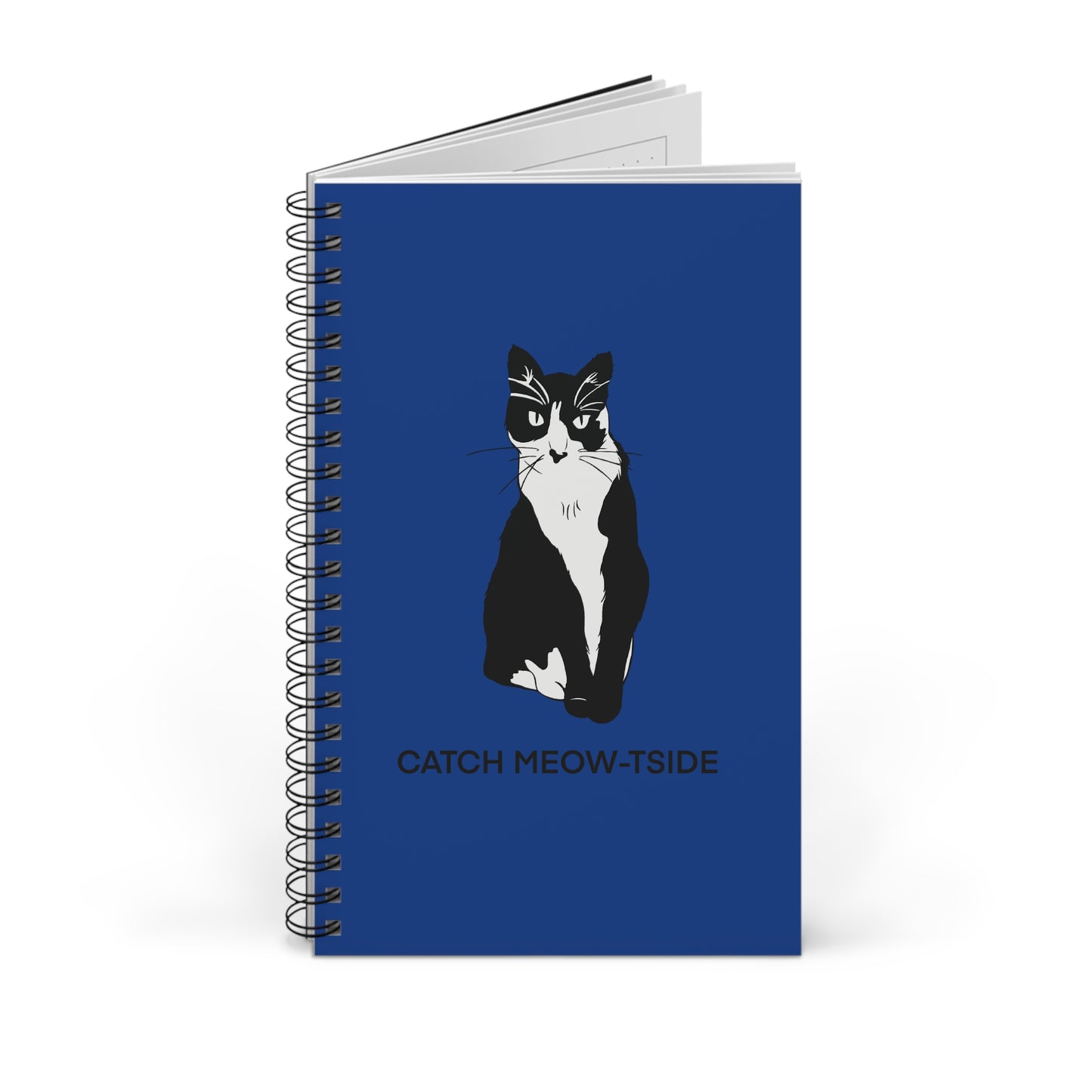 Catch Meow-tside Notebook in Blue (B&W Style Cat) - Cat Spiral Notebook