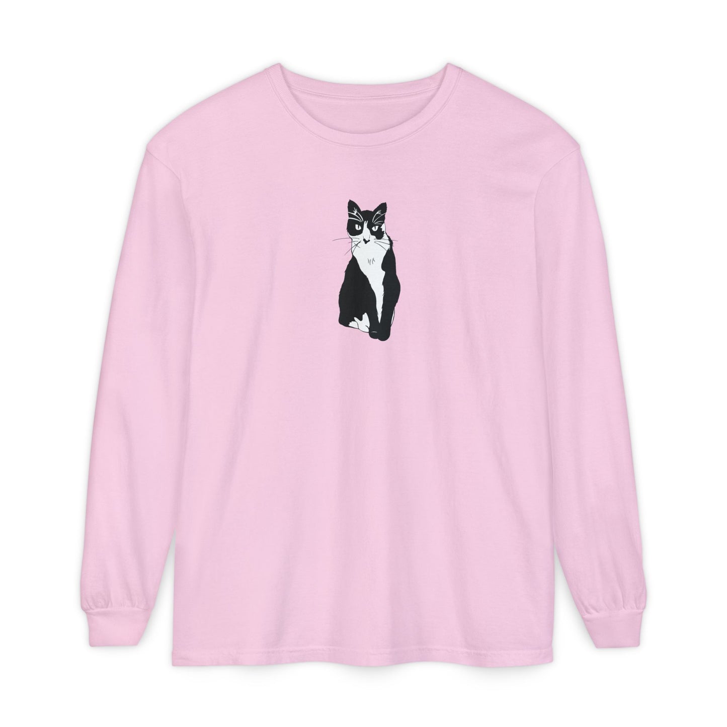 Cat Long Sleeve Tee (B&W Style Cat) - Cat Drawing Shirt