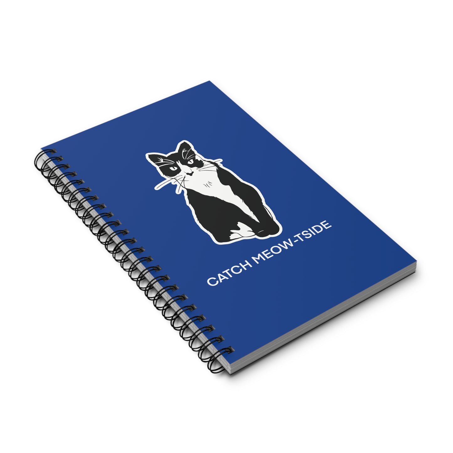 Catch Meow-tside Notebook in Blue (Sticker Style Cat with White Writing) - Cat Spiral Notebook