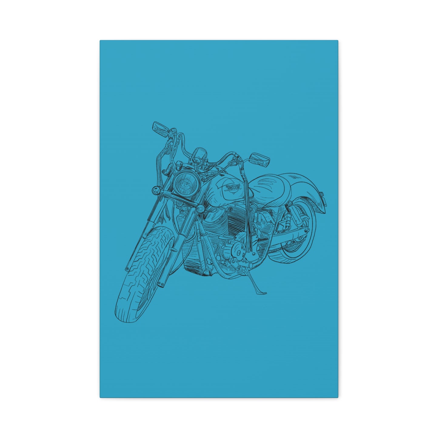Ride Me Harley Motorcycle Sketch Canvas Print - Black Ink on Turquoise Background