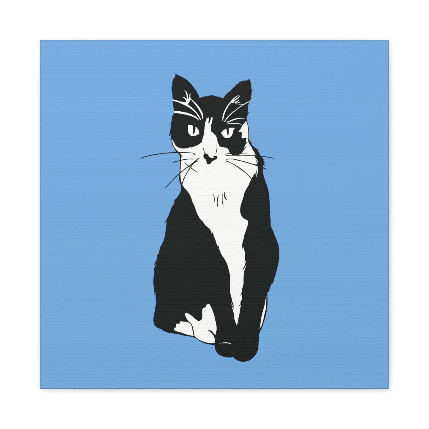 Cat Canvas on Light Blue (B&W Style Cat) - Cat Drawing Art
