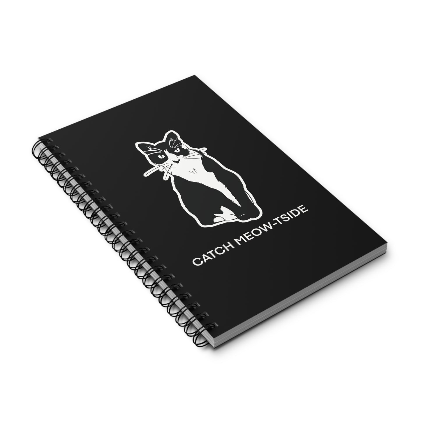 Catch Meow-tside Notebook in Black (Sticker Style Cat with White Writing) - Cat Spiral Notebook