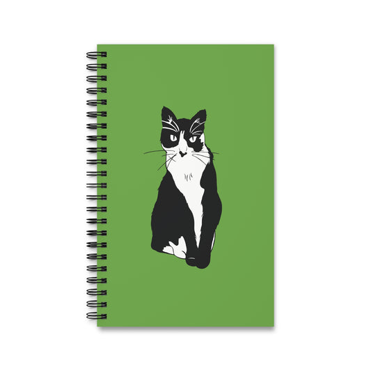 Cat Notebook on Green (B&W Style Cat) - Cat Spiral Notebook