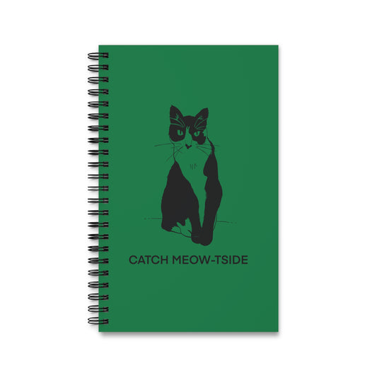 Catch Meow-tside Notebook in Dark Green (Transparent Style Cat) - Cat Spiral Notebook