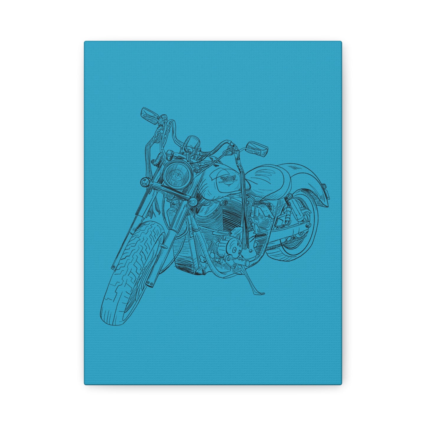 Ride Me Harley Motorcycle Sketch Canvas Print - Black Ink on Turquoise Background