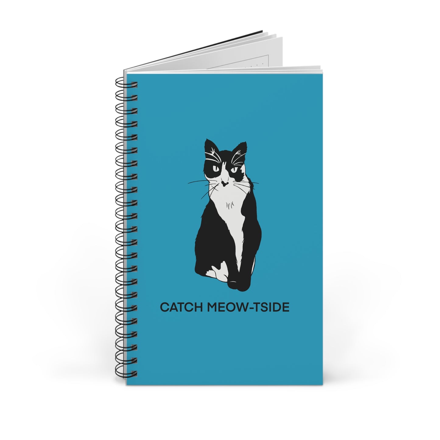 Catch Meow-tside Notebook in Turquoise (B&W Style Cat) - Cat Spiral Notebook