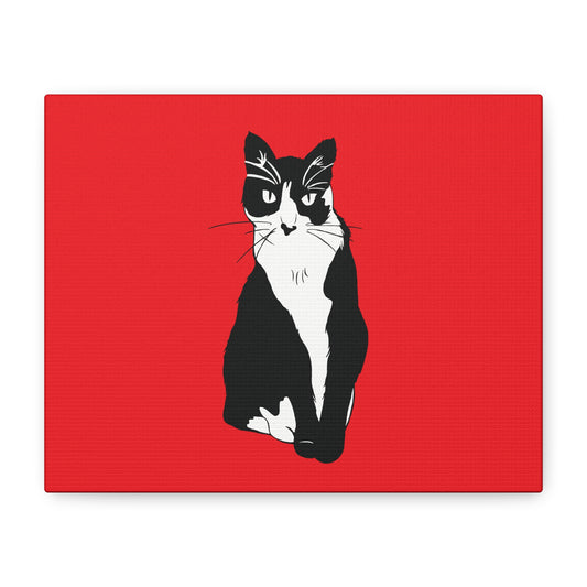 Cat Canvas on Red (B&W Style Cat) - Cat Drawing Art