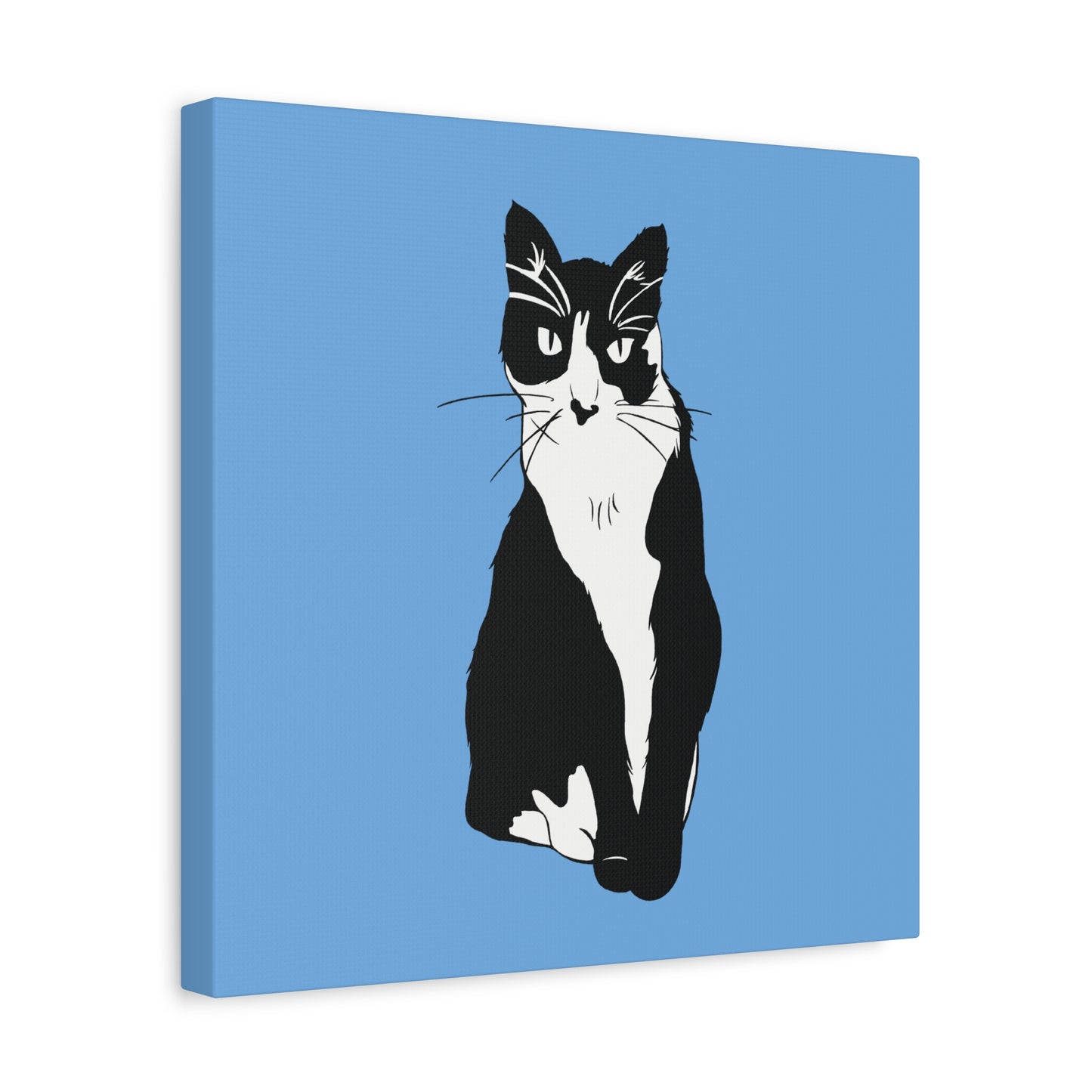Cat Canvas on Light Blue (B&W Style Cat) - Cat Drawing Art