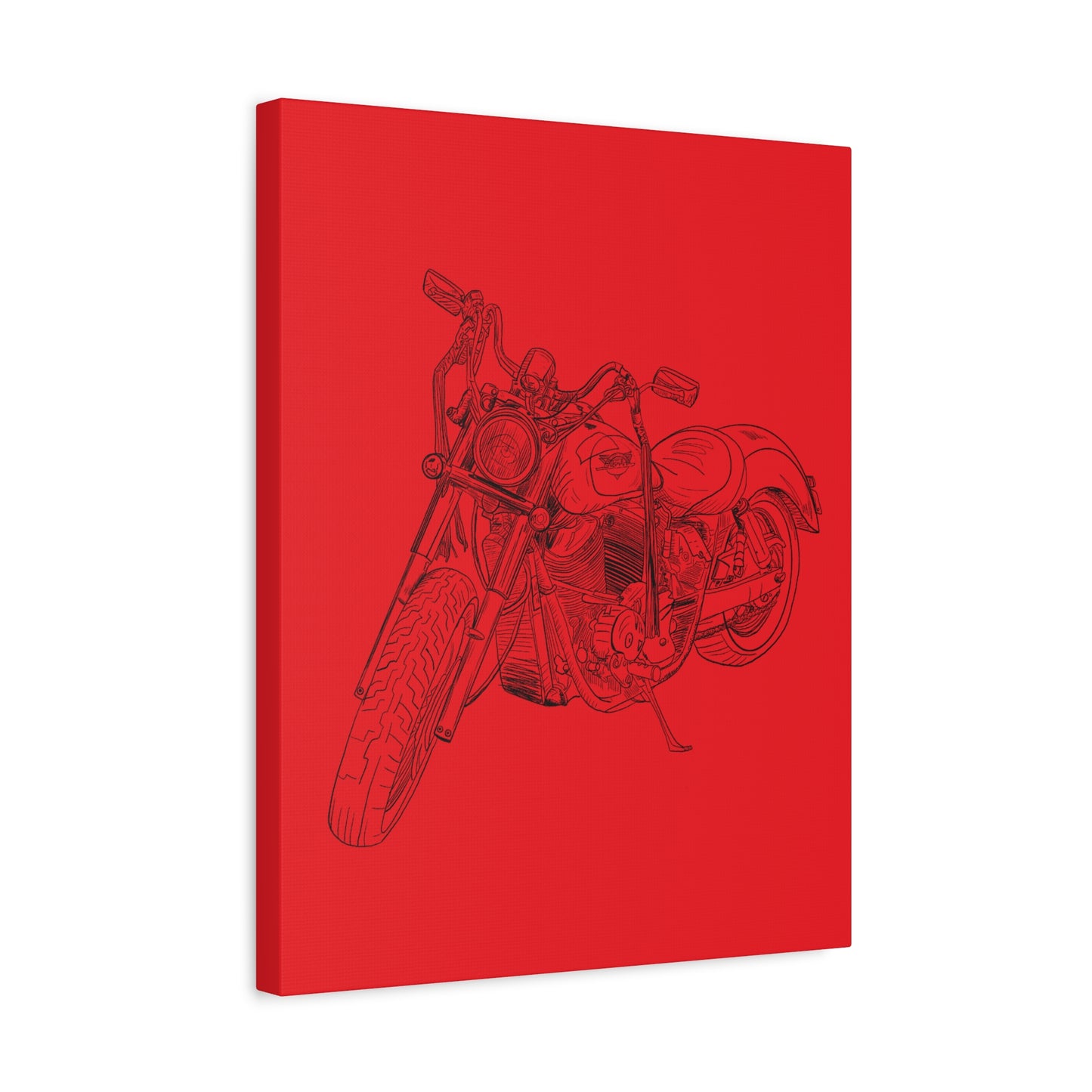 Harley Motorcycle Sketch Canvas Print - Black Ink on Red Background