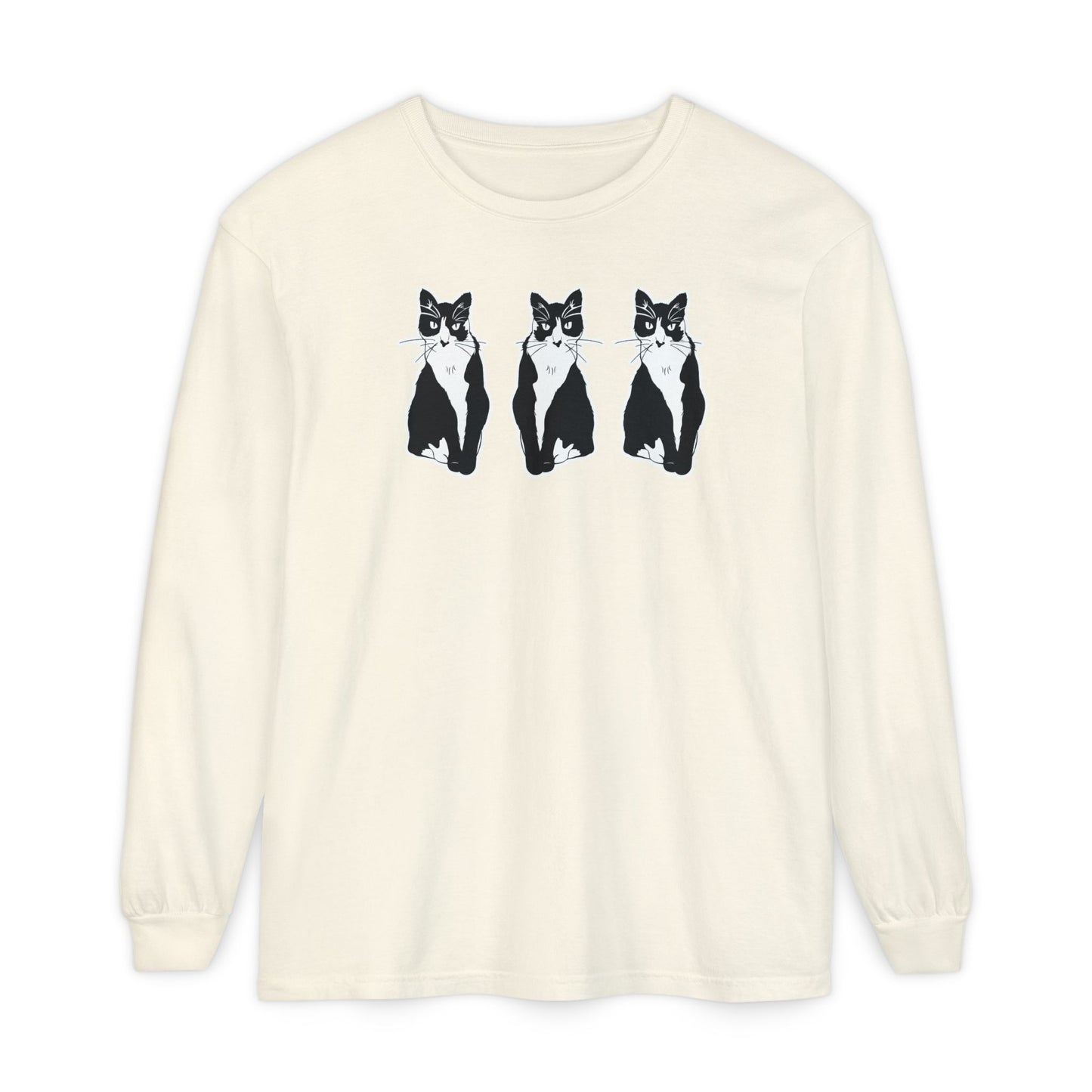 Cat x3 Long Sleeve Tee (Sticker Style Cat) - Cat Drawing Shirt