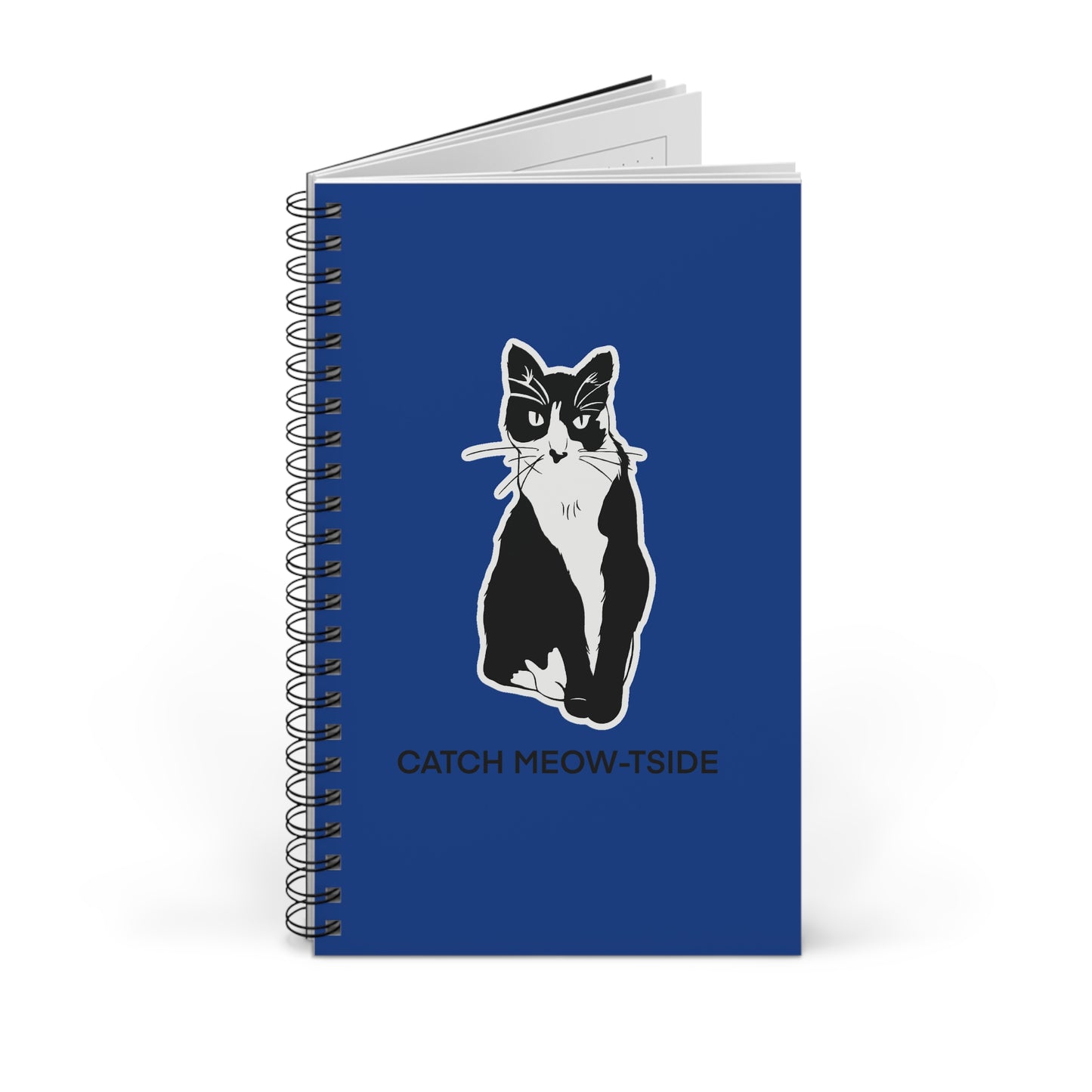Catch Meow-tside Notebook in Blue (Sticker Style Cat with Black Writing) - Cat Spiral Notebook