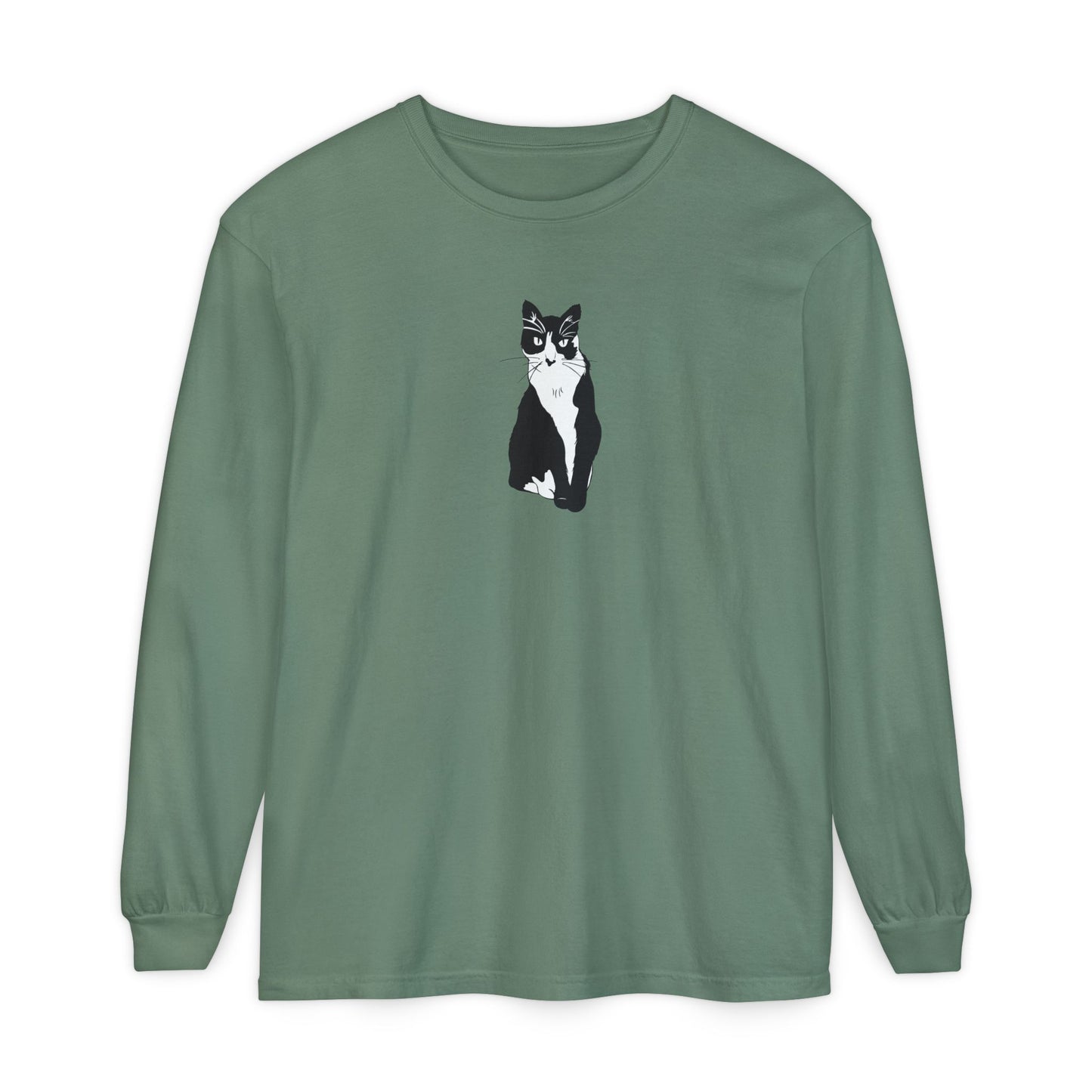 Cat Long Sleeve Tee (B&W Style Cat) - Cat Drawing Shirt