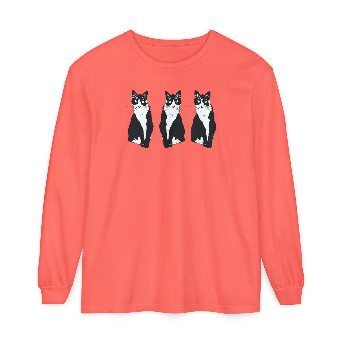 Cat x3 Long Sleeve Tee (B&W Style Cat) - Cat Drawing Shirt