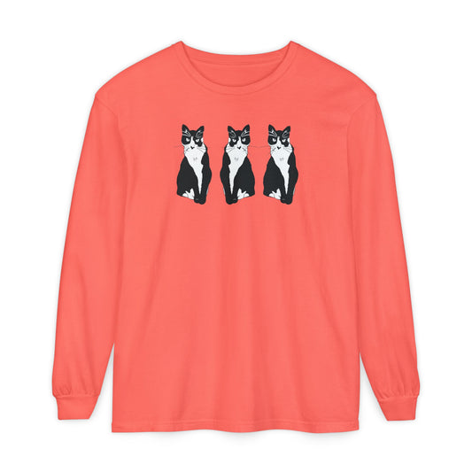 Cat x3 Long Sleeve Tee (B&W Style Cat) - Cat Drawing Shirt