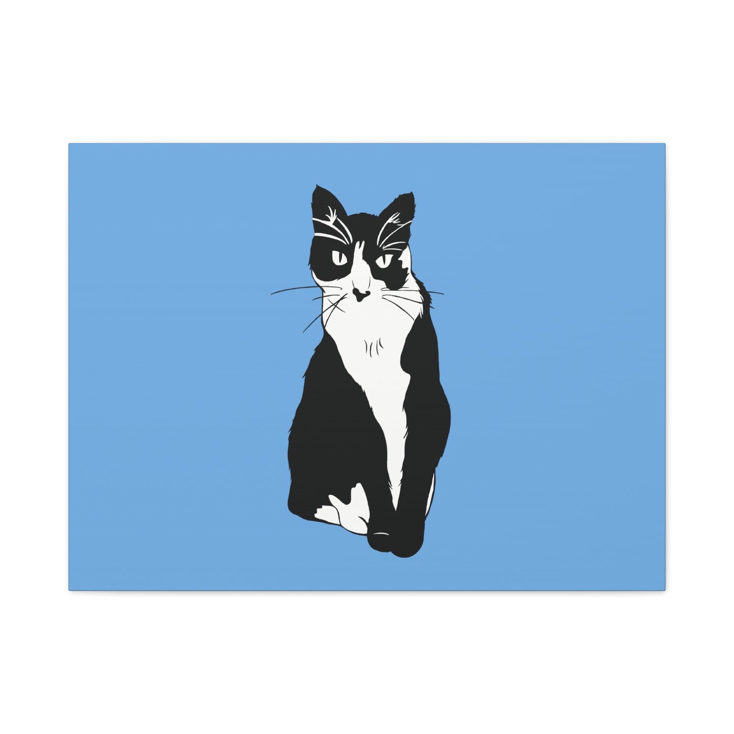 Cat Canvas on Light Blue (B&W Style Cat) - Cat Drawing Art