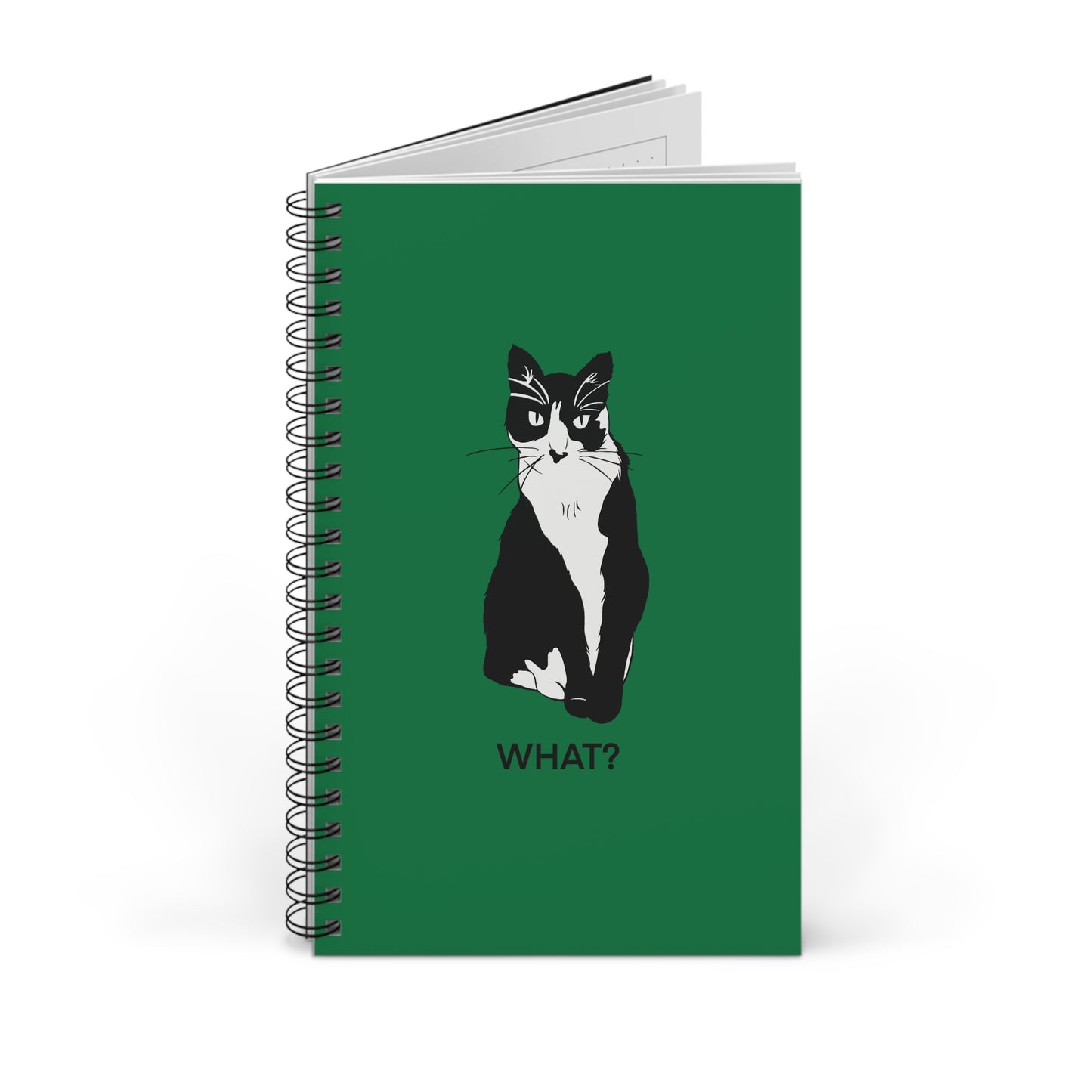Cattitude Notebook in Dark Green (B&W Style Cat) - Cat Spiral Notebook