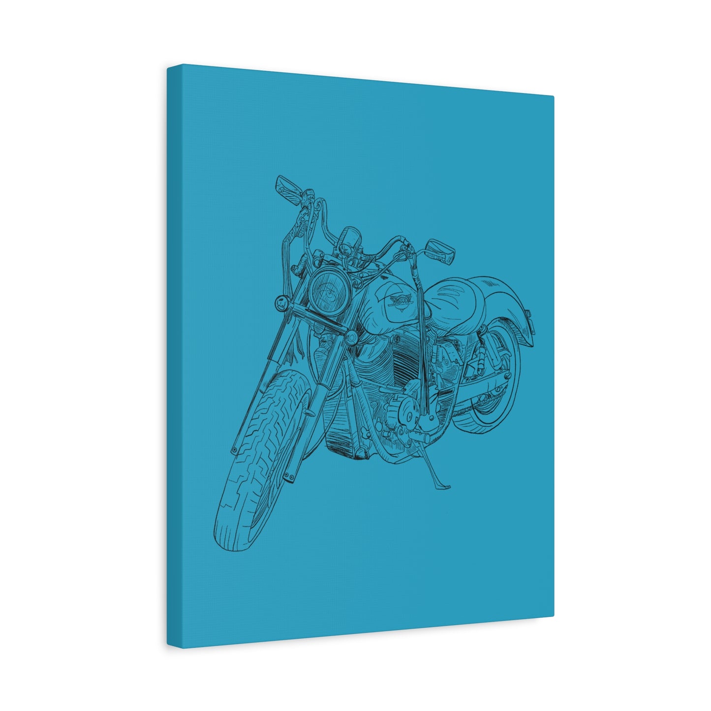 Ride Me Harley Motorcycle Sketch Canvas Print - Black Ink on Turquoise Background