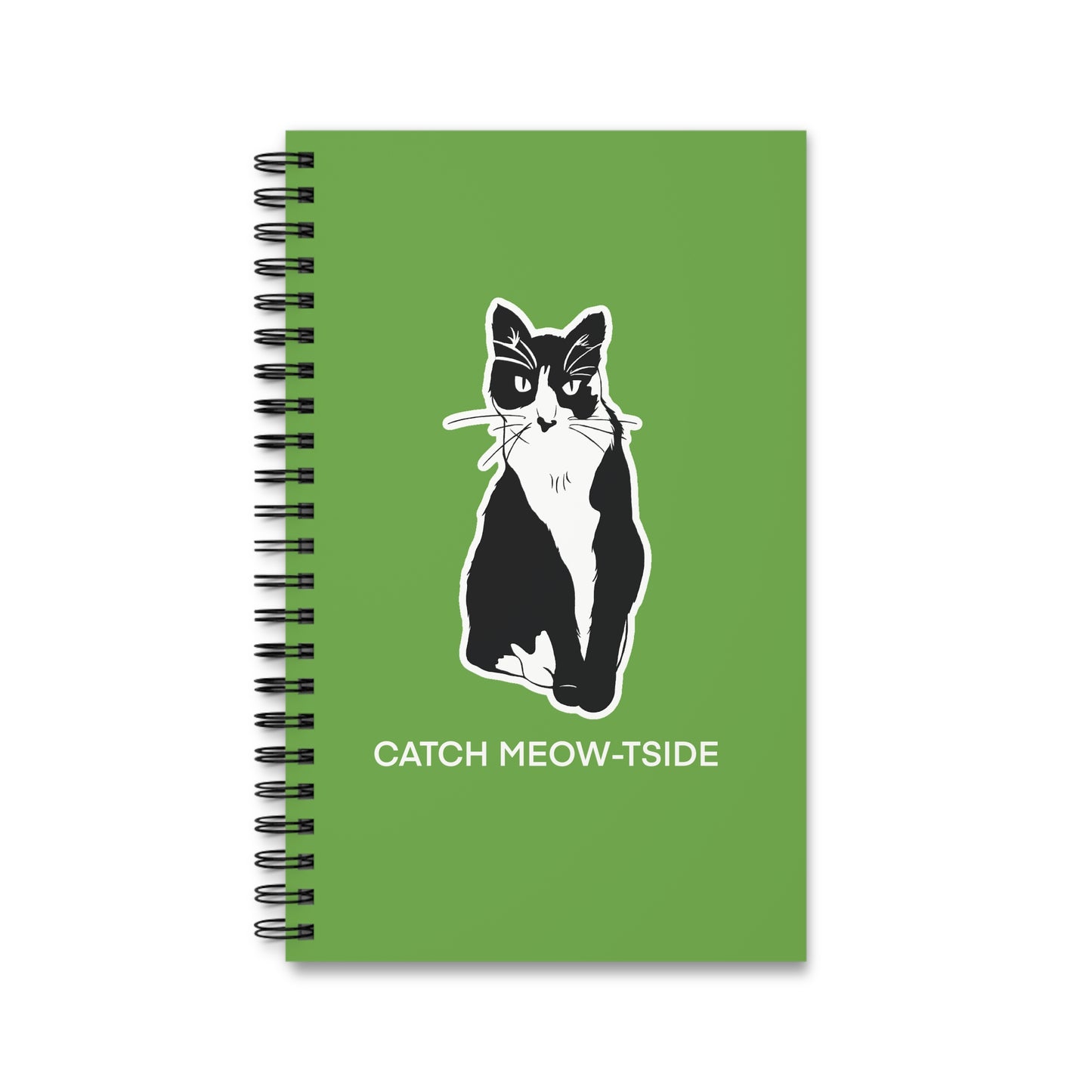Catch Meow-tside Notebook in Green (Sticker Style Cat with White Writing) - Cat Spiral Notebook