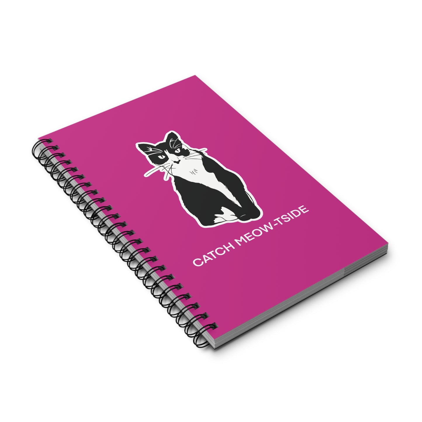 Catch Meow-tside Notebook in Pink (Sticker Style Cat with White Writing) - Cat Spiral Notebook