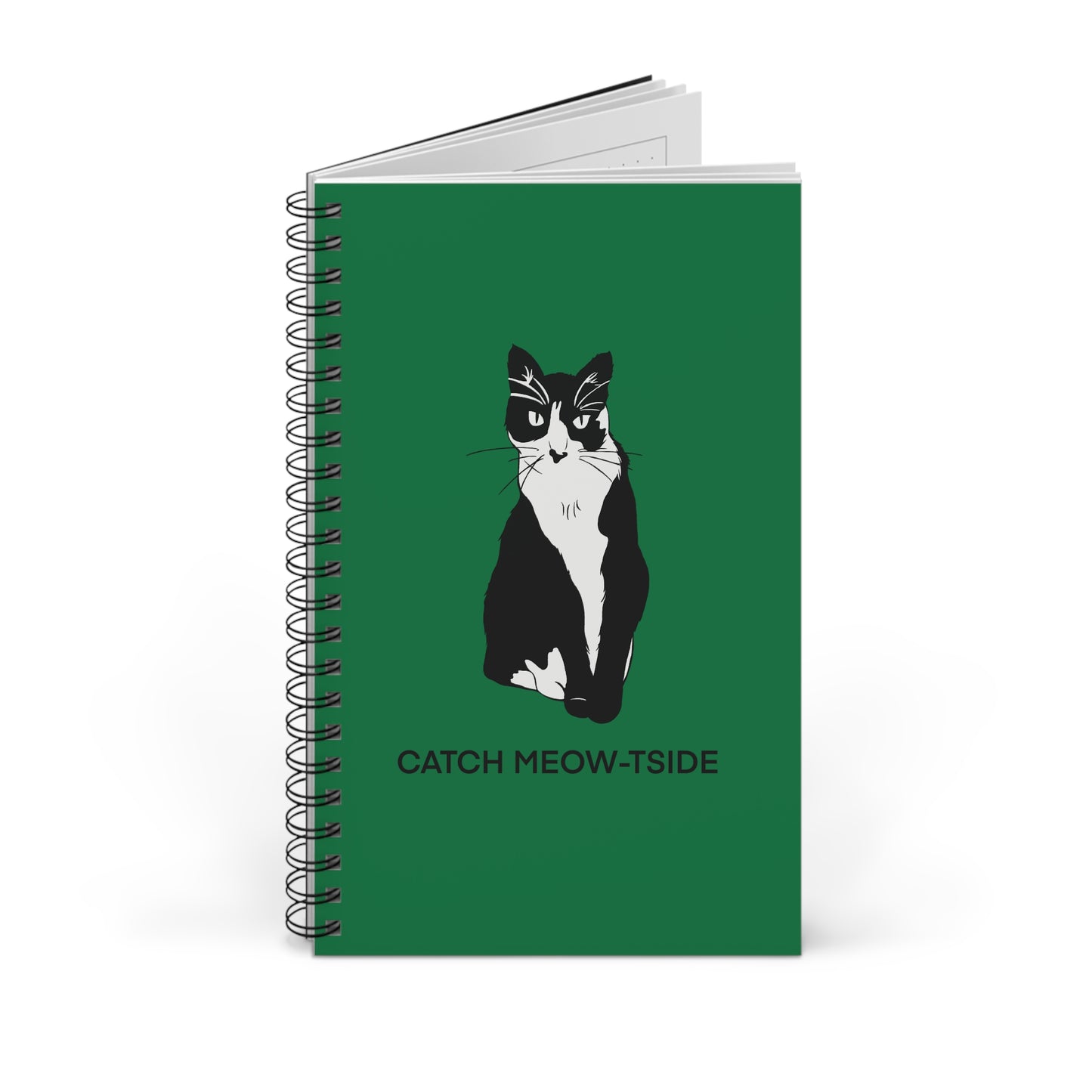 Catch Meow-tside Notebook in Dark Green (B&W Style Cat) - Cat Spiral Notebook