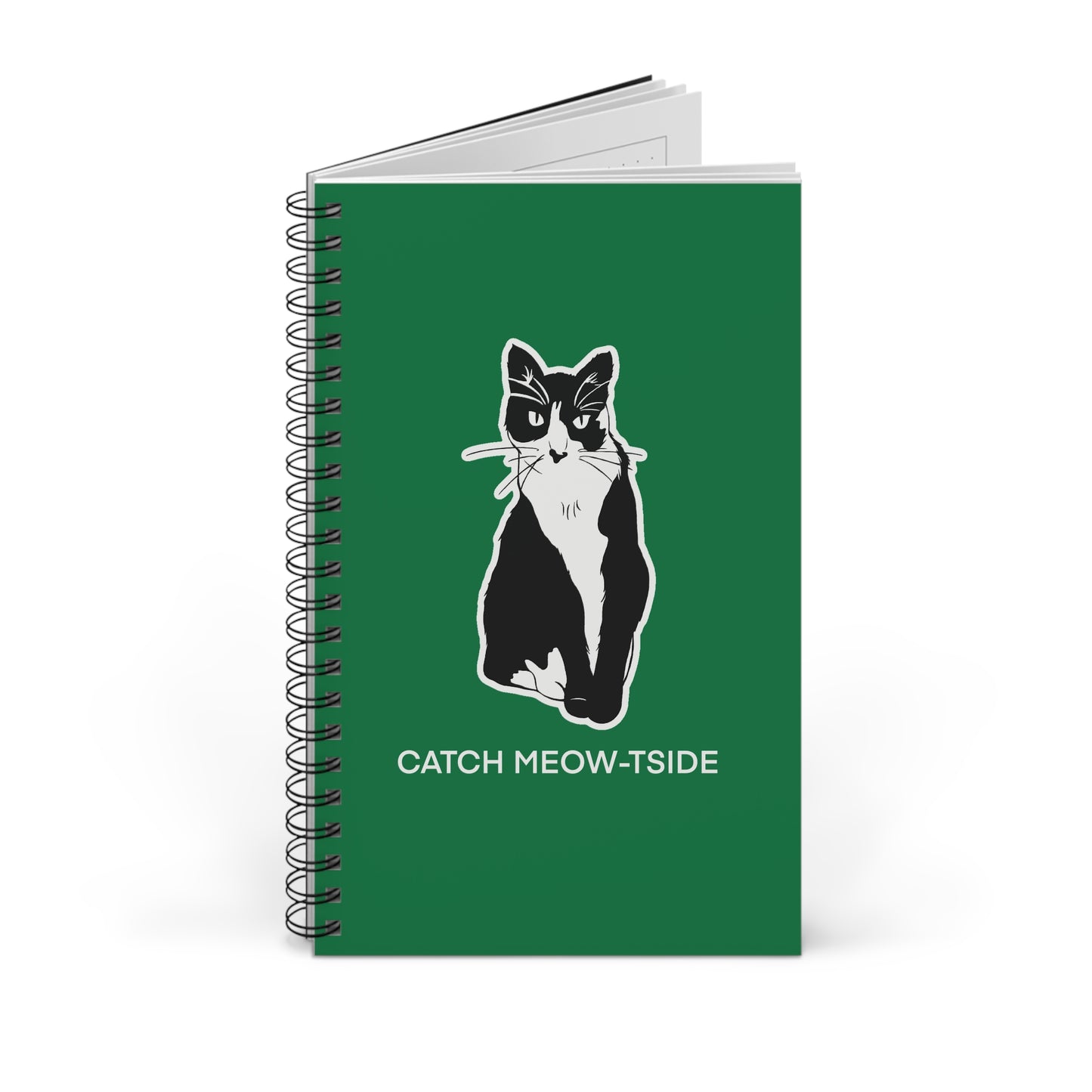 Catch Meow-tside Notebook in Dark Green (Sticker Style Cat with White Writing) - Cat Spiral Notebook