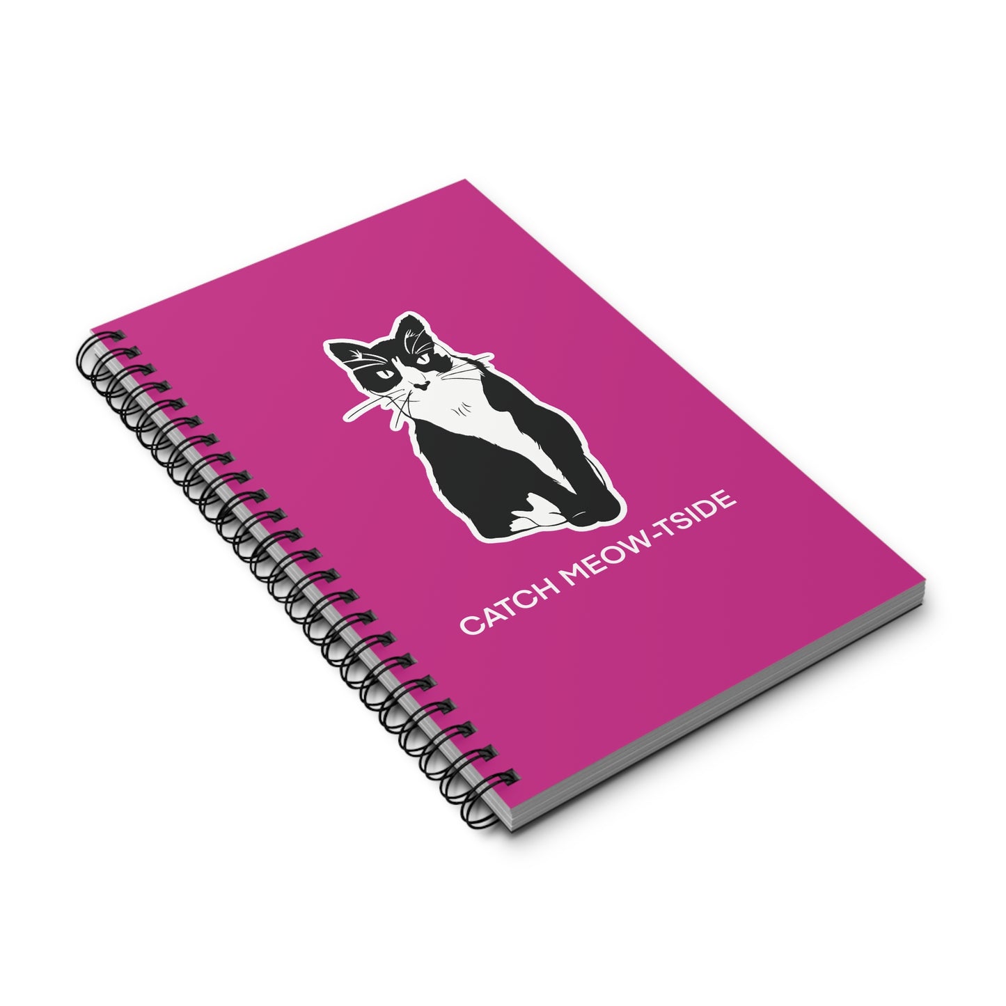 Catch Meow-tside Notebook in Pink (Sticker Style Cat with White Writing) - Cat Spiral Notebook
