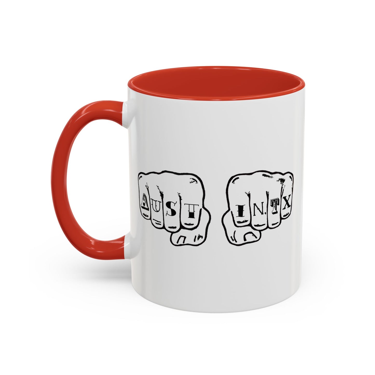 Austin Knuckle Tats Tattooed Fists Accent Mug