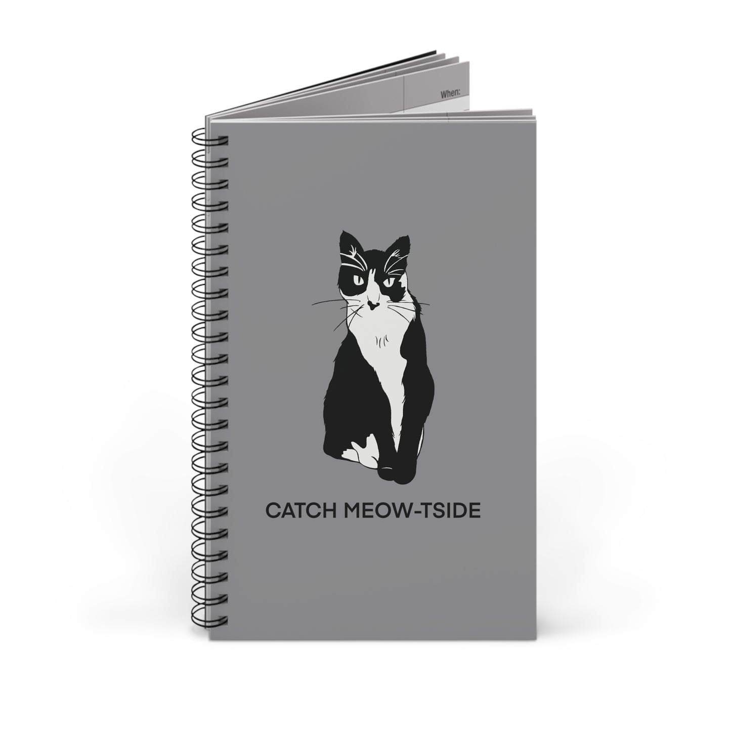 Catch Meow-tside Notebook in Grey (B&W Style Cat) - Cat Spiral Notebook