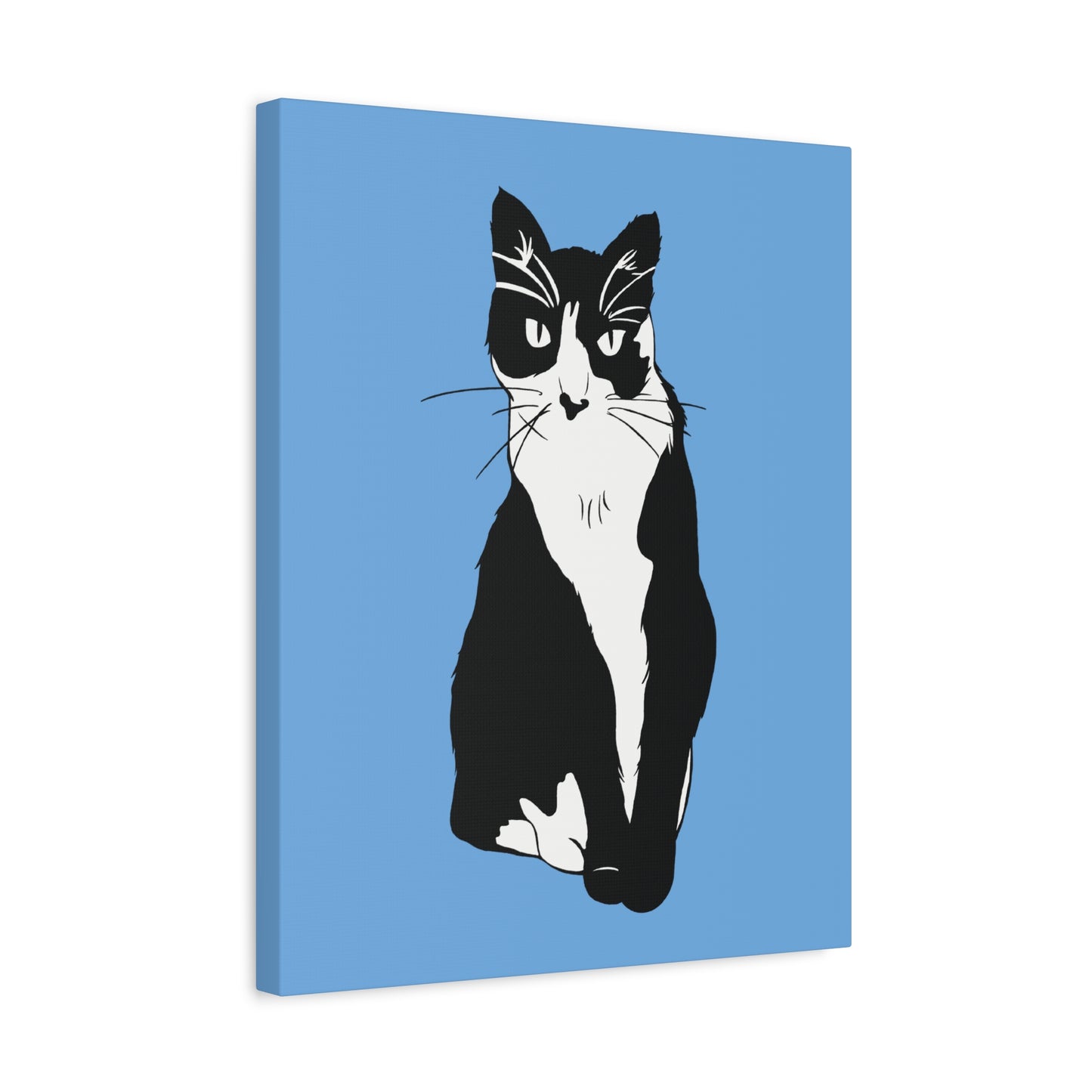 Cat Canvas on Light Blue (B&W Style Cat) - Cat Drawing Art